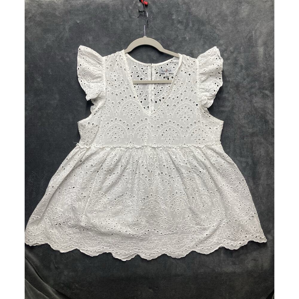 Cottagecore White Eyelet Scallop Hem Flutter Slv Top Woman's XL Feminine Coastal
